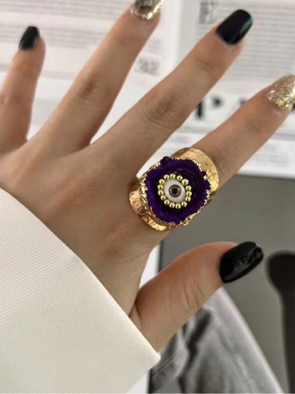 Purple Druzy Geode Evil Eye Ring with Gold Trim Adjustable